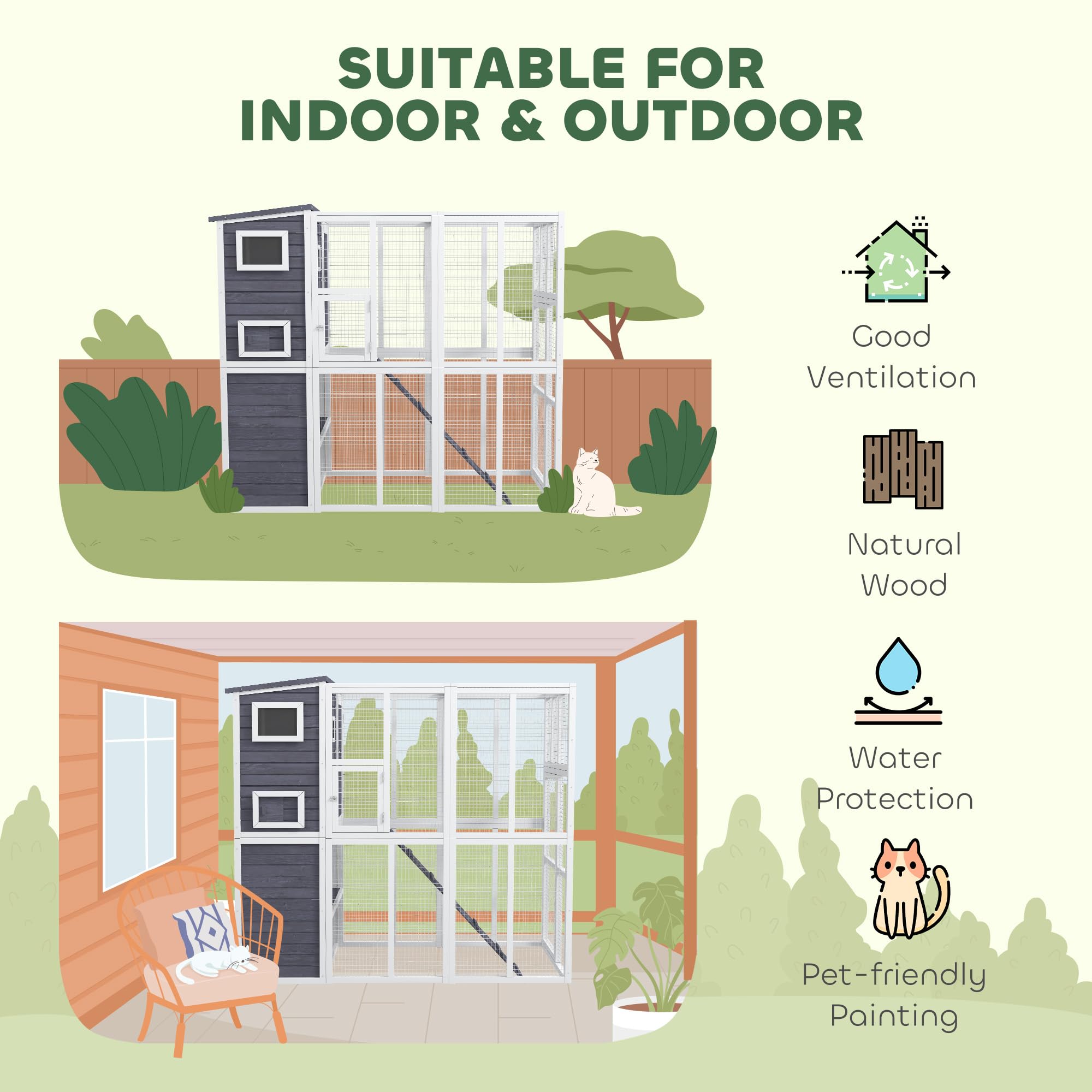 Pawhut Catio Outdoor Cat Enclosure, Wooden Cat Patio With Platforms, Waterproof Asphalt Roof, Ramps, 77 L, Light Gray